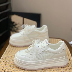 Lightweight Genuine Leather Height-Increasing Thick-Soled White Casual Sneakers for Women - 2025 Summer Versatile Mesh Hollow Design