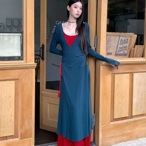 Lightweight Green Silk Dress and Long Cardigan Set - Spring Summer Fashion Outfit for Vacation - Relaxed Sling Style