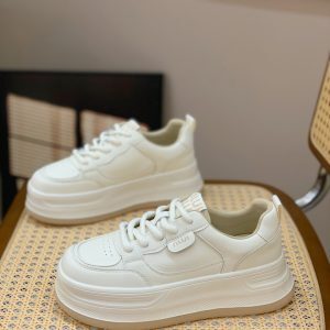 Lightweight Lace-Up Genuine Leather Thick-Soled Casual White Shoes for Women - Versatile, Comfortable, Breathable Spring 2025 Style