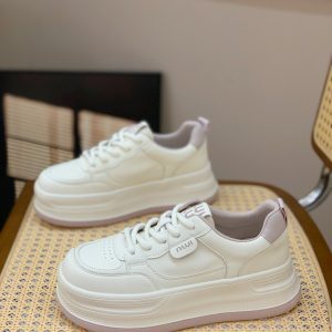 Lightweight Lace-Up Genuine Leather Thick-Soled Casual White Shoes for Women - Versatile, Comfortable, Breathable Spring 2025 Style