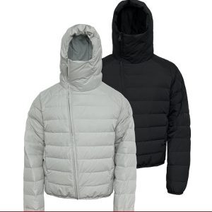 Lightweight Ribbed Down Jacket with Masked Hood - 90s Inspired White Duck Down Rock Snail Design