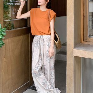 Lightweight Summer 2025 Two-Piece Set for Women - Stylish Wide-Leg Pants with Small Flying Sleeves, Mature Elegance
