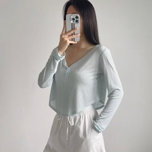 Lightweight V-Neck Button Cardigan T-Shirt for Women - Kpop Jazz Style Summer Top, Loose Fit Sun Protection Fitness Wear
