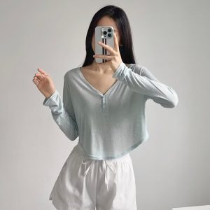 Lightweight V-Neck Button Cardigan T-Shirt for Women - Kpop Jazz Style Summer Top, Loose Fit Sun Protection Fitness Wear