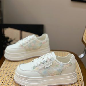 Lightweight Women's White Lace-Up Casual Sneakers - Thick-Soled Breathable Mesh Genuine Leather for Summer 2025 Fashion