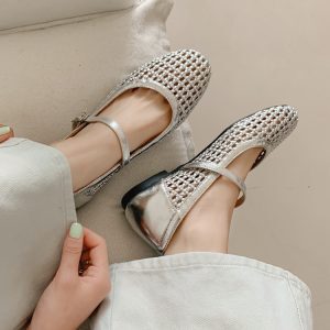 Lightweight Woven Hollow Roman Sandals for Women - Summer Beach Mary Jane Flats, Breathable Round Toe Flat Shoes