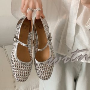 Lightweight Woven Hollow Roman Sandals for Women - Summer Beach Mary Jane Flats, Breathable Round Toe Flat Shoes