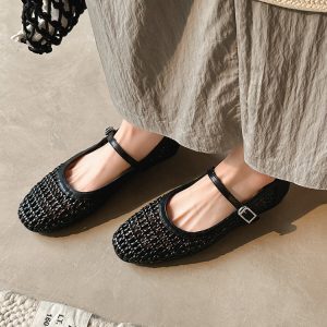 Lightweight Woven Hollow Roman Sandals for Women - Summer Beach Mary Jane Flats, Breathable Round Toe Flat Shoes