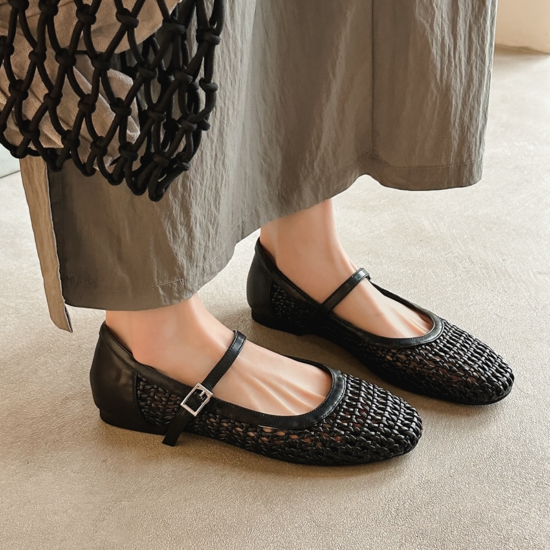 Lightweight Woven Hollow Roman Sandals for Women - Summer Beach Mary Jane Flats, Breathable Round Toe Flat Shoes
