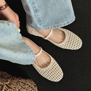 Lightweight Woven Hollow Roman Sandals for Women - Summer Beach Mary Jane Flats, Breathable Round Toe Flat Shoes