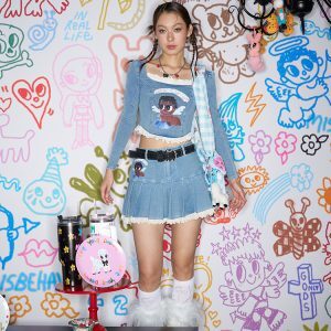Little Black Angel Blue Denim Knitted Court Top - Y2K Style Fashion Staple for Unique Outfits