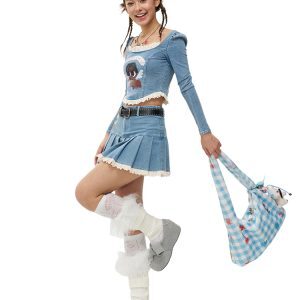 Little Black Angel Blue Denim Knitted Court Top - Y2K Style Fashion Staple for Unique Outfits