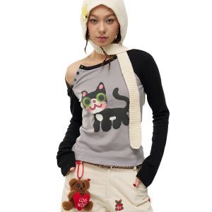 Little Black Cat Button Raglan Long Sleeve T-Shirt - Slim Fit Base Layer for Casual Style, Perfect for 90s & Y2K Fashion