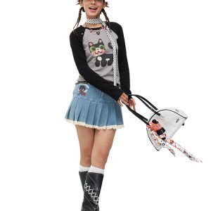 Little Black Cat Button Raglan Long Sleeve T-Shirt - Slim Fit Base Layer for Casual Style, Perfect for 90s & Y2K Fashion