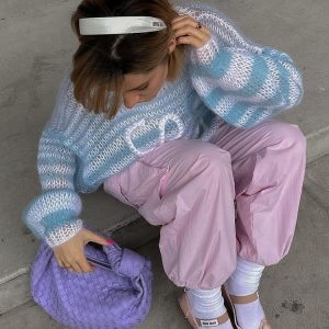Loose Casual Hollow Knit Sweater for Women - Early Autumn Long Sleeve Top in Lazy Style, Perfect for Y2K and Korean Fashion Trends