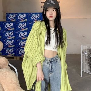 Loose Casual Striped Jazz Dance Shirt - Mid-Length Hong Kong Style Top for Girls - Autumn Streetwear Fashion