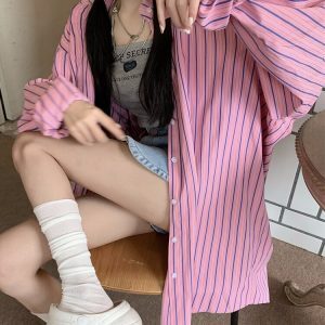 Loose Casual Striped Jazz Dance Shirt - Mid-Length Hong Kong Style Top for Girls - Autumn Streetwear Fashion