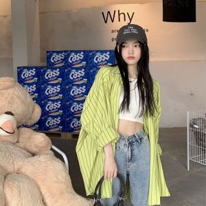 Loose Casual Striped Jazz Dance Shirt - Mid-Length Hong Kong Style Top for Girls - Autumn Streetwear Fashion