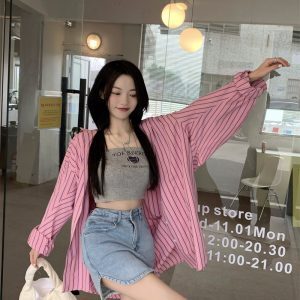 Loose Casual Striped Jazz Dance Shirt - Mid-Length Hong Kong Style Top for Girls - Autumn Streetwear Fashion