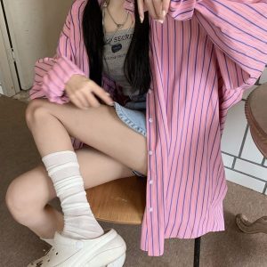 Loose Casual Striped Jazz Dance Shirt - Mid-Length Hong Kong Style Top for Girls - Autumn Streetwear Fashion