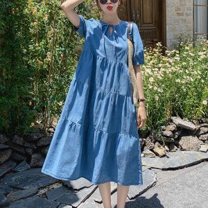 Loose Casual Tencel Denim Dress for Women - Summer 2025 Japanese Doll Style Long Cake Dress