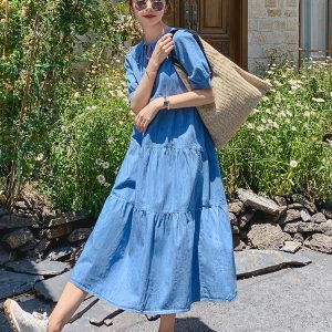Loose Casual Tencel Denim Dress for Women - Summer 2025 Japanese Doll Style Long Cake Dress