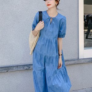 Loose Casual Tencel Denim Dress for Women - Summer 2025 Japanese Doll Style Long Cake Dress