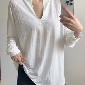 Loose Deep V-Neck Jazz Dance Sunscreen Cover-Up T-Shirt - Casual Unisex Long Sleeve Top for Versatile Y2K Style Outfits