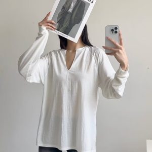 Loose Deep V-Neck Jazz Dance Sunscreen Cover-Up T-Shirt - Casual Unisex Long Sleeve Top for Versatile Y2K Style Outfits