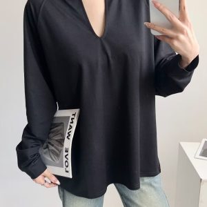 Loose Deep V-Neck Jazz Dance Sunscreen Cover-Up T-Shirt - Casual Unisex Long Sleeve Top for Versatile Y2K Style Outfits