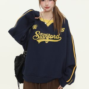 Loose Fit American Street Style Letter Print Sports Sweatshirt for Women - Trendy Pullover Top for Spring and Autumn