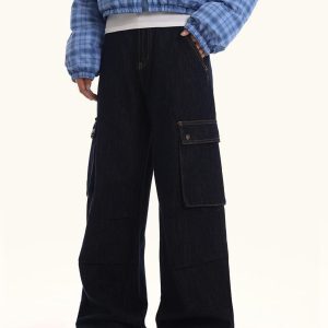 Loose Fit Deep Blue Denim Work Pants for Men and Women - Straight Casual Style, American Classic, Versatile Everyday Wear