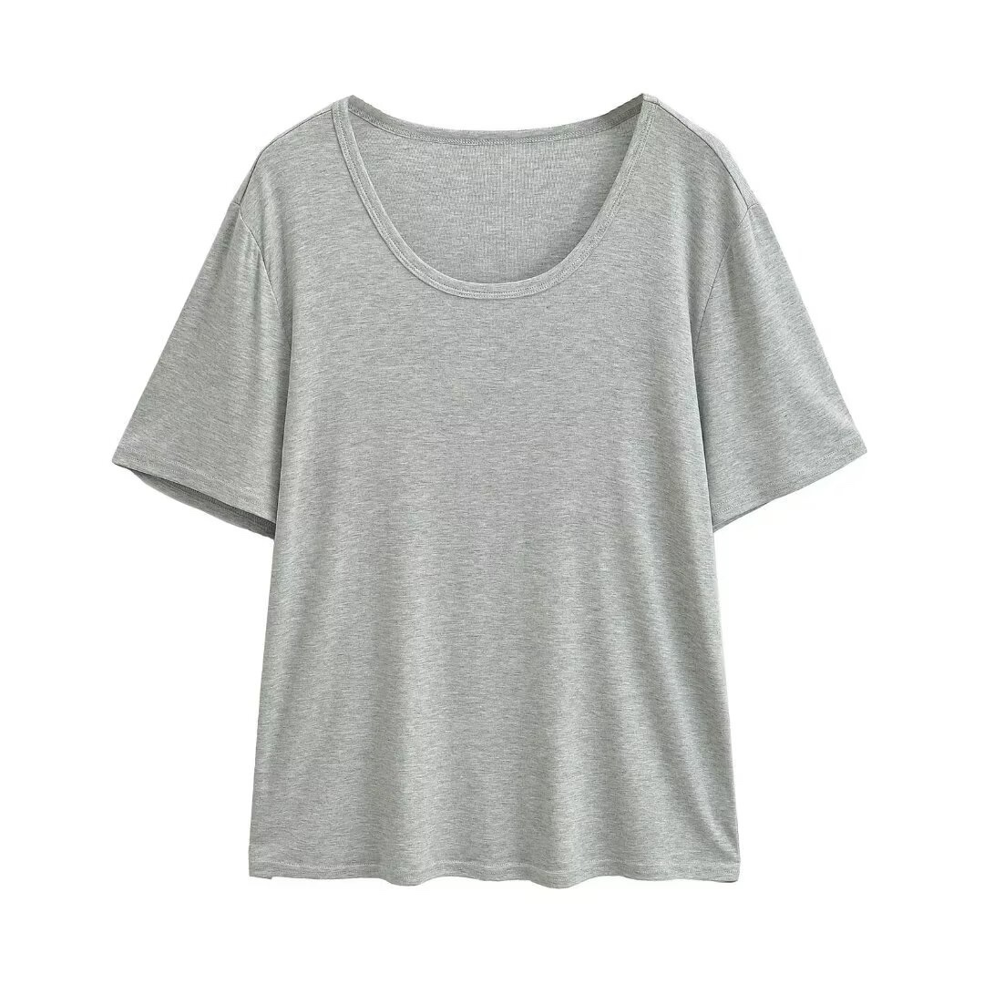 Loose Fit Gray Short-Sleeve T-Shirt for Women - U-Neck Summer Top, Slimming Solid Color, Versatile Casual Style