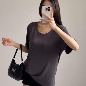 Loose Fit Gray Short-Sleeve T-Shirt for Women - U-Neck Summer Top, Slimming Solid Color, Versatile Casual Style