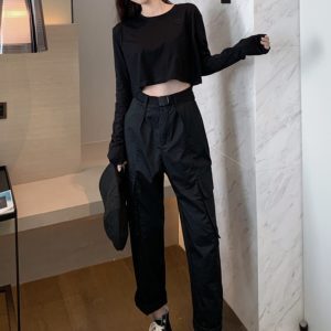 Loose-Fitting Black Long Sleeve T-Shirt for Jazz Dancing, Youthful Hip Hop Style, Versatile Casual Top