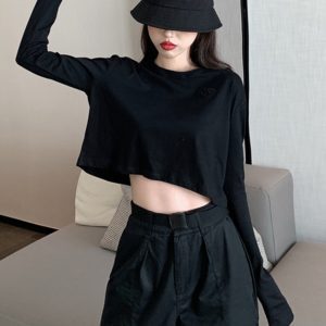 Loose-Fitting Black Long Sleeve T-Shirt for Jazz Dancing, Youthful Hip Hop Style, Versatile Casual Top