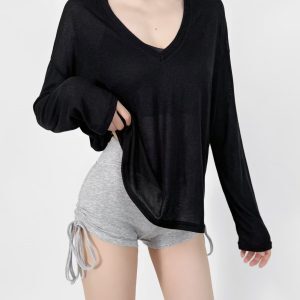 Loose-Fitting Slimming Long Sleeve Deep V-Neck T-Shirt for Women - Lightweight Sun Protection Cover-Up Top in Lazy Style