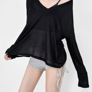 Loose-Fitting Slimming Long Sleeve Deep V-Neck T-Shirt for Women - Lightweight Sun Protection Cover-Up Top in Lazy Style