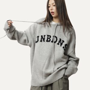 Loose Gray Hooded Knitted Sweater for Women - American Retro Style Sweatshirt Jacket for Autumn and Winter Fashion