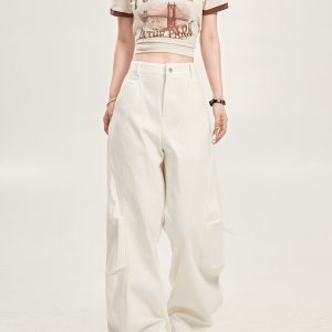 Loose High-Waisted Pleated Wide-Leg Work Pants for Women - Relaxed Casual Slimming White Trousers, 90s Inspired Fashion