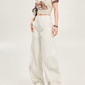 Loose High-Waisted Pleated Wide-Leg Work Pants for Women - Relaxed Casual Slimming White Trousers, 90s Inspired Fashion