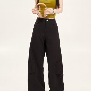 Loose High-Waisted Pleated Wide-Leg Work Pants for Women - Relaxed Casual Slimming White Trousers, 90s Inspired Fashion