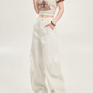 Loose High-Waisted Pleated Wide-Leg Work Pants for Women - Relaxed Casual Slimming White Trousers, 90s Inspired Fashion