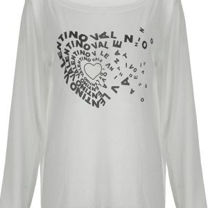 Loose Long-Sleeve T-Shirt for Women, Lazy Style with White Heart Print, Casual 90s-Inspired Fashion Top