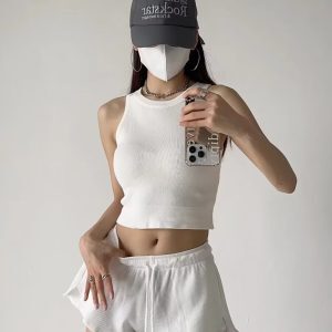 Loose Low-Waist Waffle Ribbed Sports Shorts with Elastic Split Lace-Up - Casual Jazz Street Dance Style