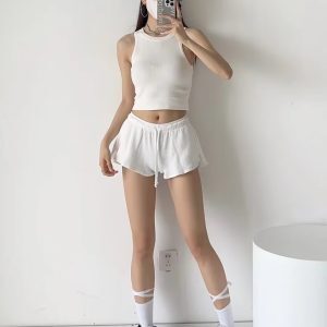 Loose Low-Waist Waffle Ribbed Sports Shorts with Elastic Split Lace-Up - Casual Jazz Street Dance Style