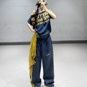 Loose Off-Shoulder Jazz Dance Top for Women, Dark Blue Letter Print Short Sleeve T-Shirt, Summer Style