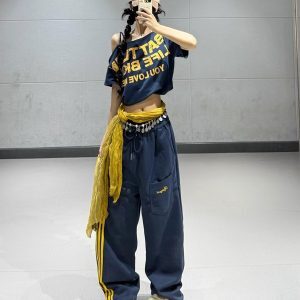 Loose Off-Shoulder Jazz Dance Top for Women, Dark Blue Letter Print Short Sleeve T-Shirt, Summer Style