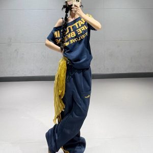 Loose Off-Shoulder Jazz Dance Top for Women, Dark Blue Letter Print Short Sleeve T-Shirt, Summer Style