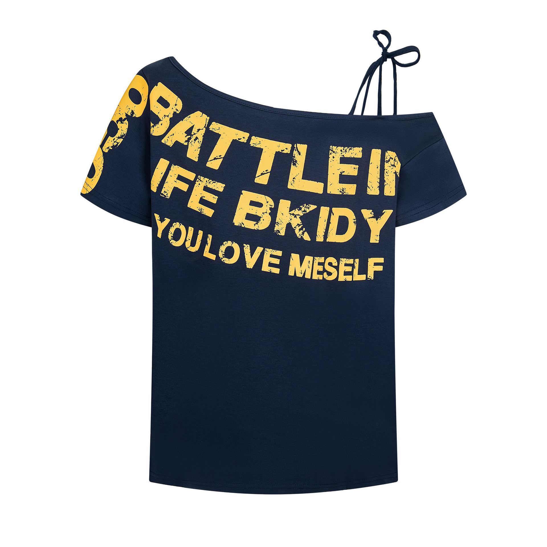 Loose Off-Shoulder Jazz Dance Top for Women, Dark Blue Letter Print Short Sleeve T-Shirt, Summer Style